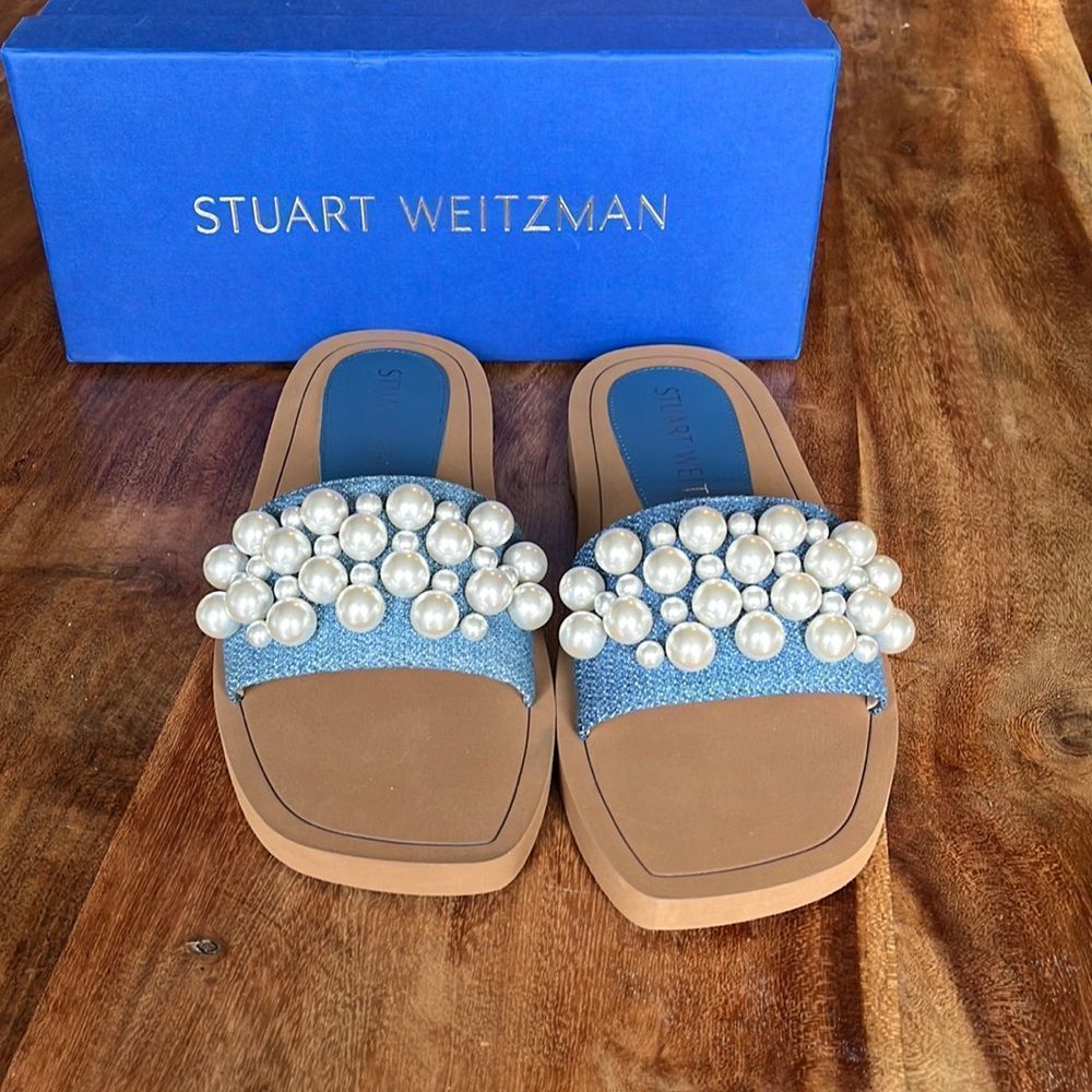 Stuart Weitzman Denim Pearl Slide, Size 6.5